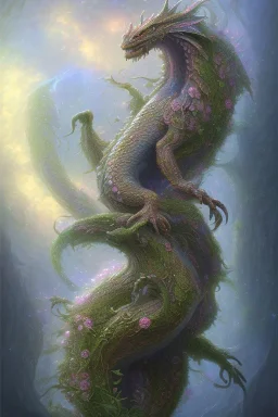 high-quality, fine-detail beautiful, dragon, flowers, clear reflective lake, tranquil, stunning, 8k resolution, intricate, digital art, detailed matte, volumetric lighting, George Grie, Anne Dittman, Anne Stokes, Lisa Parker, Selina French, Alphonse Mucha