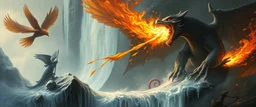 fire smoke and fog and light rays, phoenix octopus bird witch bear dragon in icy waterfall looks beyond really powerful slapping a bird in the face with fire, fantasy illustration, in the style of Rembrandt