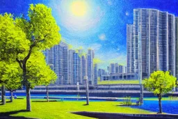 Sunny Day, futuristic buildings near the tree and lake zone, sci-fi, realistic vision, impressionism painting