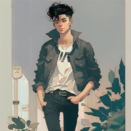 Teen man, black hair, perfect face, style of tomer hanuka, jeans, pompadour.