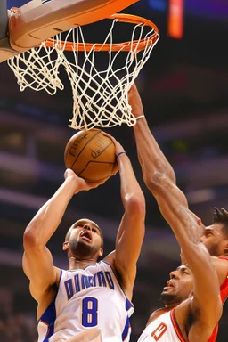 8k, highly realistic and detailed image of a NBA basketball player in action dunking the ball in the net, sweaty hair, screaming look,action and smoke and flames background