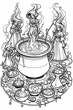 A cauldron bubbling with green potion, surrounded by witches casting spells. Outline, sketch style, only use outline, mandala style, clean line art, white background, no shadows, no clear wall, coloring page.