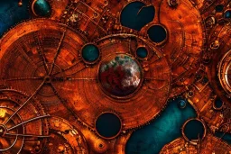 Rusty steampunk satellites over the earth, deep colors, hyperrealistic, depth of field, sharp focus, ominous, intricated, ethereal, meticulous