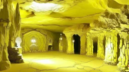 A light yellow cavern with crystals designed in Bayeux tapestry painted by Salvador Dali