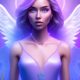 portrait of a beautiful woman with an angel face, pink and blue dress, jewels, soft light aura