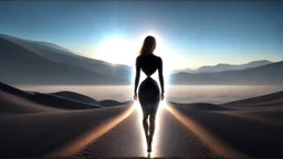 A full-body shot of a beautiful lady walking and looking at the camera 3D fractal interstellar world.