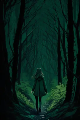 Girl walking into dark green woods