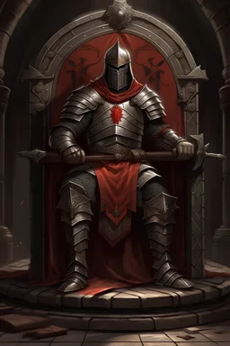 A mighty muscular warrior in chain mail armor and a red robe sits on a stone throne. An oak shield is leaning against the throne below. There is a helmet and a large mace on the floor.