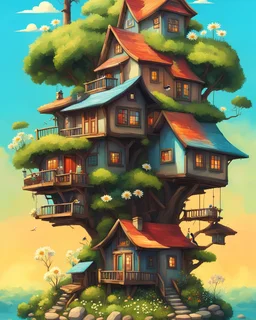 village, TINY animals SURREAL, MASTERPICE, TINY BRAINS, TINY forest, TINY house, TINY birds, colorful, vector, sky sun, adult book cover