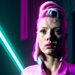 scarlet johanson, blonde replicant woman, blade runner style, rain, fog, neon ambient, gradient color, clean skin, circuits, latex coat, cyber punk, neon, tubes, portrait, studio photo, unreal engine 5, smooth color, 16 bit, god lights, ray tracing, RTX, lumen lighting, ultra deatail, volumetric lighting, 3d, finely drawn, hd.