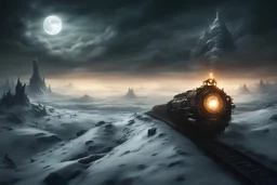 grim dark moody cold fantasy landscape with a steampunk lighting elemental train traveling through it