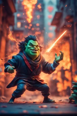 pen outline portrait of rad mad ninja magician smashing juggler thief master casting magic missile spell on big ogre by neon wall , prize winning oil painting,bokeh like f/0.8, tilt-shift lens 8k, high detail, smooth render, down-light, unreal engine