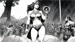 [a mix of Madonna and Britney's allures] Ernie Chan Savage Sword of Conan #22 Pin-Up Illustration Original Art (Marvel, 1977) As she stood there, except for her tattered short pants, the audience's eyes bore into her like fiery brands. Whispers of anticipation and lust filled the air, mingling with the clinking of chains and the harsh commands of the slavers. The auctioneer's voice boomed across the market, calling out to the crowd, enticing them with promises of exotic beauty and untamed spirit