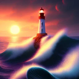 Fantasy, light house, lighting, surreal, waves crashing below, 8k, sunset, sketch