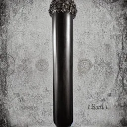 fantasy, digital art, long metal cylinder, object, heavy chain, metallic, dark metal, gem encrustations, grim, massive, engravings