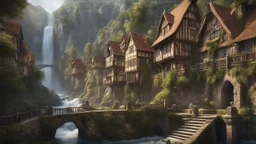 a medieval danish city at the foot of a waterfall at the end of a steep, narrow, 3.000 foot tall ravine. a masterpiece, fantasy concept art, dynamic lighting, hyperdetailed, intricately detailed, deep color, Unreal Engine, volumetric lighting, Epic cinematic brilliant stunning intricate meticulously detailed dramatic atmospheric maximalist digital matte painting. CAMERA: Nikon Z7 | FOCAL LENGTH: 105mm | SHOT TYPE: Close-up | COMPOSITION: Centered | LIGHTING: Soft, directional | PRODUCTION: Food