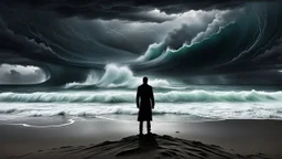 A lone figure stands on a deserted beach, gazing out at a turbulent ocean under a stormy sky. The figure's silhouette is stark against the dramatic backdrop, emphasizing a sense of isolation. The inner world is suggested by subtle, swirling colors within the silhouette, contrasting with the harsh reality of the external environment. Rendered in a photorealistic style with intense atmospheric lighting, capturing the raw power of nature and the quiet solitude, surreal, weird