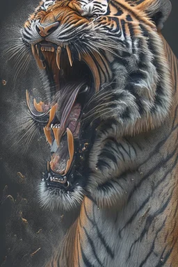 a full grown hyper-realisitc tiger screaming melting like wax, hyper-realistic natural form, full body, highly detailed melting details, emotional expression, detailed emotions, hyper detailed melting of the animal to the ground, engraved fur details, anatomically correct animal, dark colour tone, epic colour treatment, cinematic colour treatment, meticulously intricate perfectly symmetrical extremely detailed, pixiv daily ranking, pixiv, extreme depth of field, artstation, sculpture style, spec