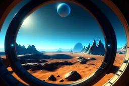 widok na całą pustynną obcą planetę ze statku kosmicznego przechodzącego przez bramę teleportacyjną