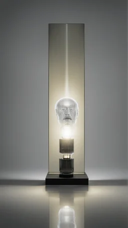 portrait of a square pillar with a bulb in the foot, and mirrors reflecting light up into a square crystal head