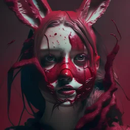 girl, bunny hair, mask slime, out her mind, darkred tones, realistic photograph , 3d render, octane render, intricately detailed, cinematic,