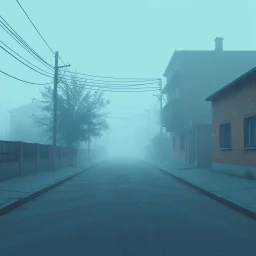 A schematic, nostalgic, horror vaporwave-style image of a dimly lit, foggy street in the outskirts with a pastel blue and brown color scheme. The street has a textured, rough surface. There is a tree in the corner. The background contains a few buildings. The overall atmosphere is eerie and foggy.