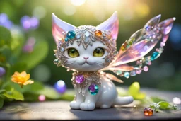 Coloured glass cute chibi cat fairy in the garden set with gemstones, glittering metal stems and gemstone leaves on a room table sharp focus elegant extremely detailed intricate very attractive beautiful dynamic lighting fantastic view crisp quality exquisite detail gems and jewels S<AI in sunshine Weight:1 Professional photography, bokeh, natural lighting, canon lens, shot on dslr 64 megapixels sharp focus Weight:0.9