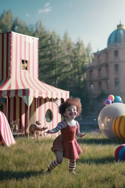 Ultra realistic circus scene. Child’s playing, smile, happy, color bubbles, smooth color, waist up view, Wes Anderson style, a lot of people background, highly detailed, concept art, unreal engine 5, god rays, ray tracing, RTX, lumen lighting, ultra detail, volumetric lighting, 3d, finely drawn, high definition, high resolution.