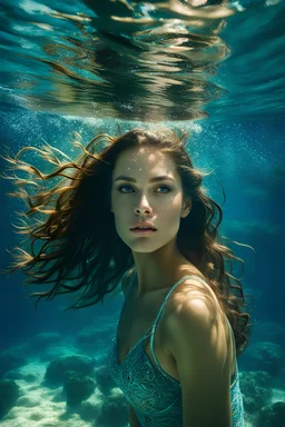 Full body of a stunningly beautiful young woman with opal eyes , full lips and brown long hair swimming underwater, natural colors, dynamic light and shadow, mid-angle , intricate details, very detailed scene with intricate details, realistic, natural colors, highly detailed, perfect composition, insanely detailed 32k artistic photography, photorealistic concept art, soft natural volumetric cinematic perfect light