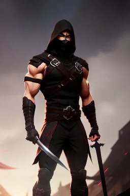 muscular ninja assassin, athletic build, wearing black and red baggy pants with pockets, hood and balaclava mask, tan skin, big boots, two swords crossed his behind back, dark hazel eyes, eyes are both in proportion and green, 3/4 look, 5 o'clock shadow, short brown hair, standing, dark cobblestone alley, one vertical white light behind head, non photorealistic rendering in the art style of j.scott campbell