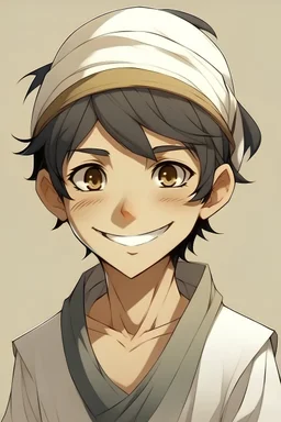 Anime young male, black hair, black beard, black eyes, olive skin, arab style clothes with white turban white,and ears normal, smiling, as kid