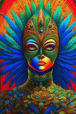 centered detailed portrait of a masked woman wearing a venetian mask, vibrant peacock feathers, intricate, elegant, highly detailed, digital painting, artstation, smooth, sharp focus, illustration, illuminated lines, outrun, vaporware, intricate venetian patterns, cyberpunk darksynth, by audrey kawasaki and ilya kuvshinov and alphonse mucha