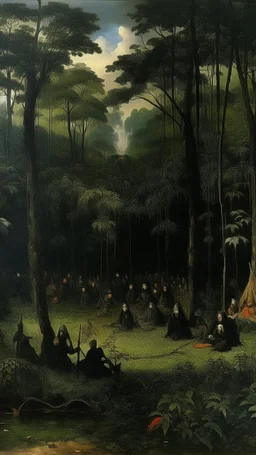 A black thicket filled with Javanese shadow puppets painted by George Inness