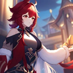 Clear focus,High resolution,Beatiful Lighting, crimson short fluffy hair, long fluffy bangs, red eyes, custom genshin oc