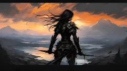 A formidable warrior girl in black armor, on the background Amazing gloomy landscape, flooded with sunset, mountains, trees, fabulous scary hero, , juicy emotions, painting, dark fantasy, gloomy day, dark world, portrait, by Leonid Afremov & Benedick Bana & Carne Griffiths & Brian Kesinger