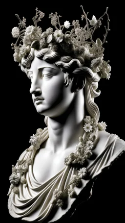 marble statue of a Greek supermodel by Michel Angelo, wearing crown of barbed-wire on head, decorated with beautiful flowers and wrapped with barbed-wire