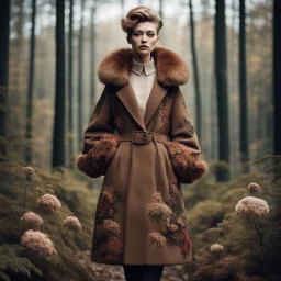 vogue fashion photo, brown tuffle coat, beautiful swedish forest view, mages, large, floral designs, atmospheric, beautiful, China Doll, , dark background, mid shot, full body, neutral expression, buzzcut hair, ultra realistic, highres, superb, 8k wallpaper, extremely detailed, intricate, limited palette,