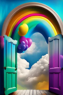 A (((door balloon digital backdrop with clouds rainbow))), where colorful balloons form a ((vibrant clouds wall)) that stands out against a modern, ((digital background)), Renaissance