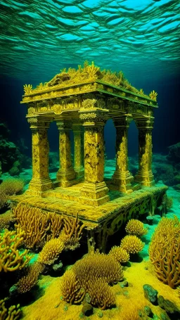 A golden yellow underwater reef with a submerged temple designed in ancient Roman mosaics painted by Andy Warhol