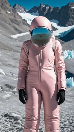 no face with mask,minimal ,Fashion film in the icefields of Patagonia, a stunning supermodel in an incomplete Astronaut pink bronze suit discover the icefields and giant iceblocks and icebergs using stunning poses we can see her face through the glass . Supreme landscape, inticate background and a minimalist composition that creates a great megalophobia effect. Old lens, old Kodak vision filmstock, 1600 iso.