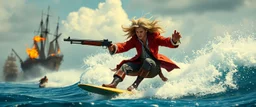 movie poster, pirate shotgun Amadeus Mozart playing with his wig, looking hot and crazy on a surfboard on a big wave, burning ship, and pissed of sharks