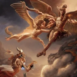 The winged messenger Hermes delivering a message to Zeus but Zeus is a Hydra. Medusa and the Minotaur are fighting in the background. High definition oil painting.