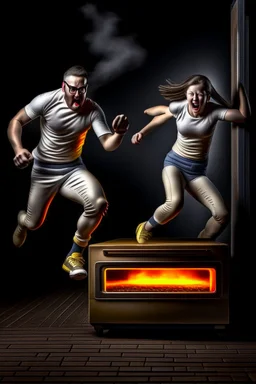 2 people running away in fear as there oven grows legs