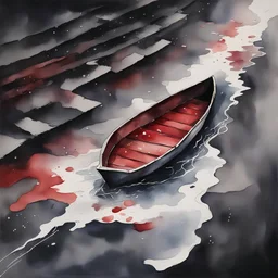 Close up of a simple paper boat floating on rainwater runoff running into a storm-drain on sidewalk, watercolor and ink painting with loose brushstrokes, dark background, dramatic, beautiful, unsettling, eerie, minimal, red hues, by Helen Cottle