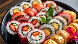 A sushi platter featuring rolls made with unconventional ingredients like vibrant dragon fruit, gold leaf, and edible flower petals. Each piece is meticulously arranged to form a stunning mosaic pattern. Award-winning photograph, beautiful composition, exquisite detail and illumination