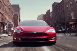 A Tesla 'Model S' is racing at top speed, in Greenwich Village, in Manhattan. CINEMATIC. WIDE ANGLE LENS. PHOTO REAL.