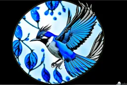 vitrail d'un geai bleu ailes déployées art déco d'après mucha