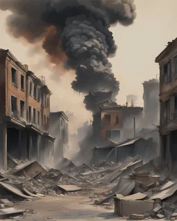 The image depicts a scene of extensive urban destruction. Buildings are heavily damaged or reduced to rubble, with exposed interiors, collapsed roofs, and debris scattered throughout. Plumes of smoke rise from one of the buildings, suggesting recent activity or ongoing fires. The color palette is muted, dominated by the grays and browns of concrete and dust. There are no visible signs of human presence in the immediate vicinity of the destruction, indicating the area may have been evacuated