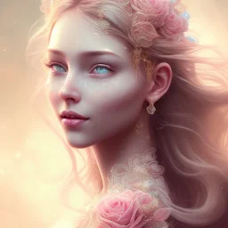 crystal rose beautiful girl smile,utra realistic,highly detailed, gold, pink, jewels, lace, masterpiece, delicate detailed, sharp focus, insanely detailed, fantasy art, intricate detailed, elegant, fog, Special Lighting, Vibrant, color Scheme, forest, unreal engine 5, trending on artstation