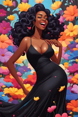 A sassy thick-lined oil painting style cartoon black female lounging lazily on her side, surrounded by colorful large flower petals. her curvy body silhouette a black maxi dress. Looking up coyly, she grins widely, showing teeth. Her poofy hair forms a mane framing her confident, regal expression.
